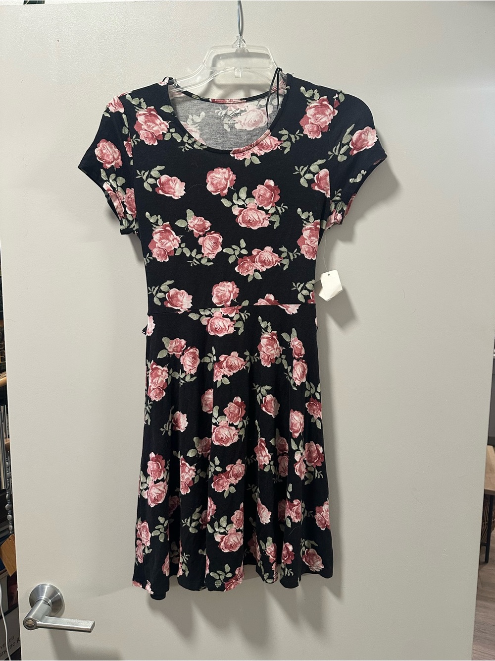 Francesca’s Floral Scoop Neck Fit & Flare Dress - Black with Pink Rose Print